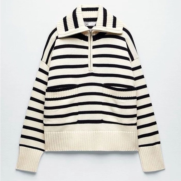 ZARA Striped Half Zip Knit Sweater Cropped Cotton Pullover Size S - Picture 1 of 11